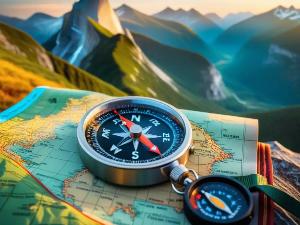 Brújula de alta calidad en mapa antiguo: equipamiento esencial para aventuras en la naturaleza Herramientas de orientación para camping: Una brújula de alta calidad sobre un mapa envejecido, junto a equipo esencial para acampar