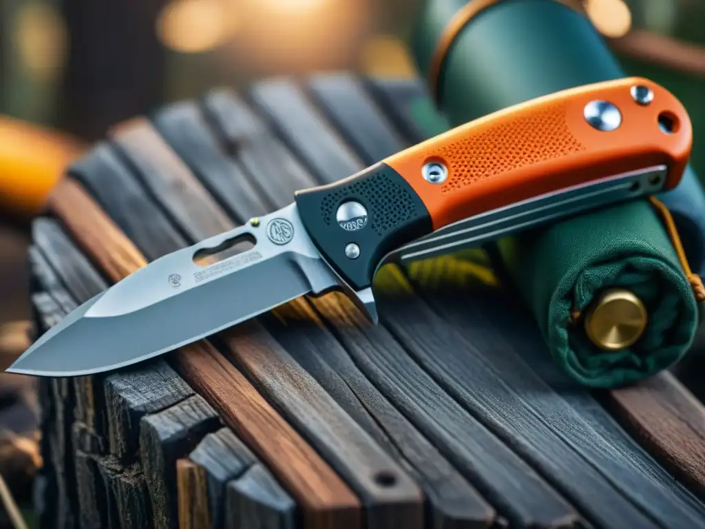 Multiherramienta de camping: resistente y versátil en la naturaleza Herramientas multifuncionales para camping Uruguay en detalle sobre fondo de madera rústica