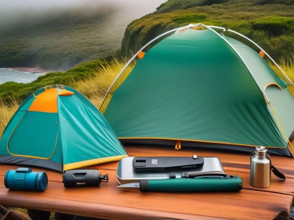 Kit de camping multifuncional en Uruguay Herramientas multifuncionales para camping en Uruguay: Equipo esencial ordenado sobre madera rústica con luz natural