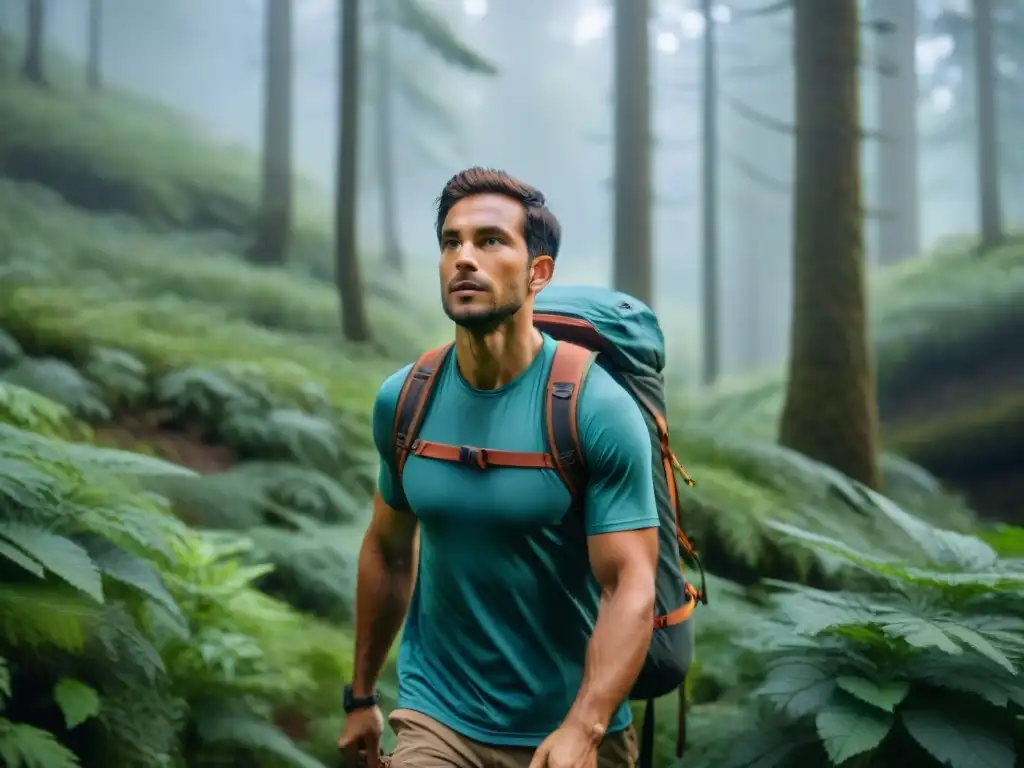 Exploración en la naturaleza: hiker con GPS en mano Hiker explorando el bosque con GPS de mano y reloj GPS