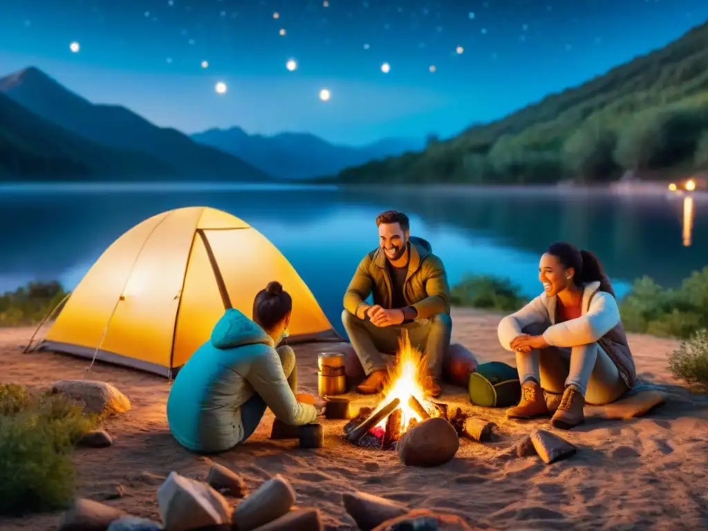 Escena familiar: fogata y marshmallows bajo las estrellas Un hogar acogedor en la noche de camping familiar, con la palabra clave 'Kit supervivencia personalizado para camping'