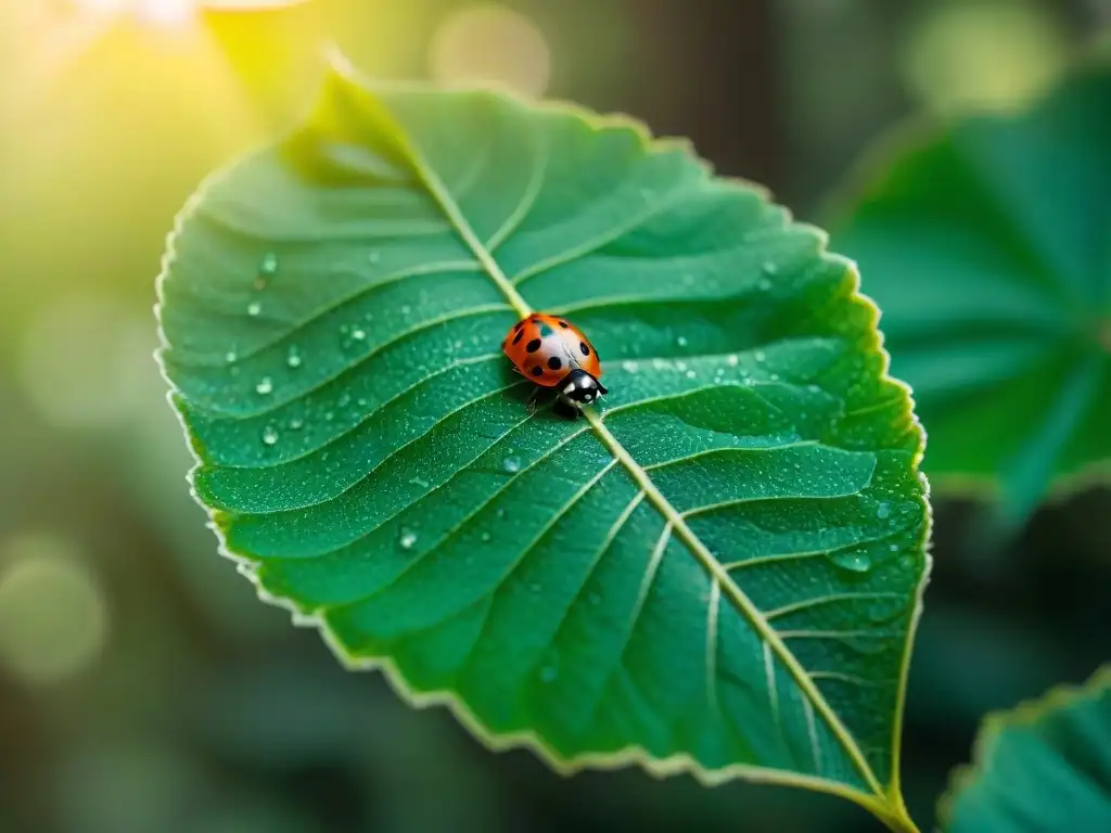 Detalles de una hoja verde en un bosque uruguayo con una mariquita Una hoja verde vibrante con gotas de rocío y una mariquita, en un bosque uruguayo al amanecer