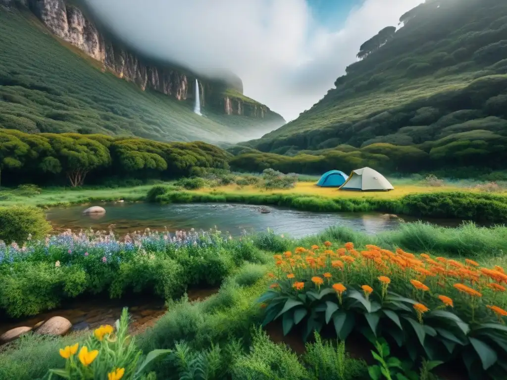 Campamento sereno en Uruguay: arroyo cristalino y flores silvestres Idílico campamento en Uruguay con arroyo y flores silvestres