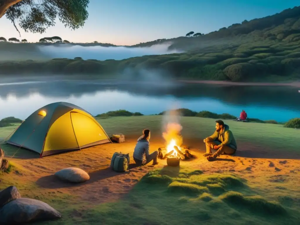 Escena de camping en familia en Uruguay: diversión al aire libre Un idílico camping familiar en Uruguay con actividades al aire libre y una acogedora fogata