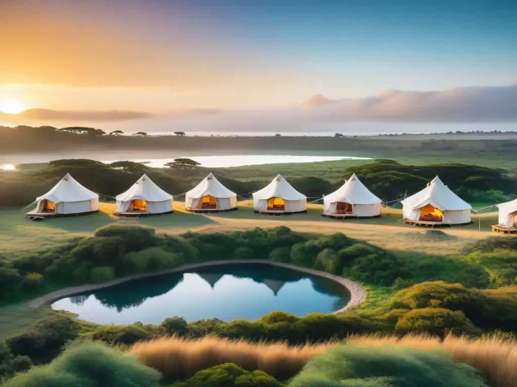 Glamping de lujo en Uruguay: atardecer mágico en safari Un idílico glamping en Uruguay con niños, tiendas de safari de lujo entre vegetación exuberante y un lago tranquilo al atardecer
