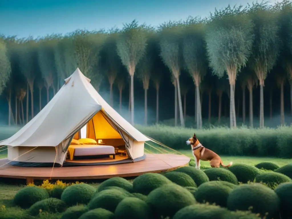 Glamping de lujo en Uruguay: tent con perros felices Un idílico glamping PetFriendly en Uruguay: tienda de lujo entre vegetación exuberante, perro jugando con su dueño al atardecer