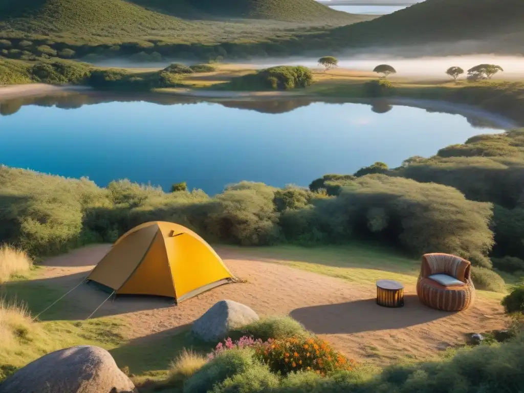 Refugio natural en Uruguay: campamento sereno junto al río Un idílico lugar secreto para acampar en Uruguay, con un campamento junto al río al atardecer
