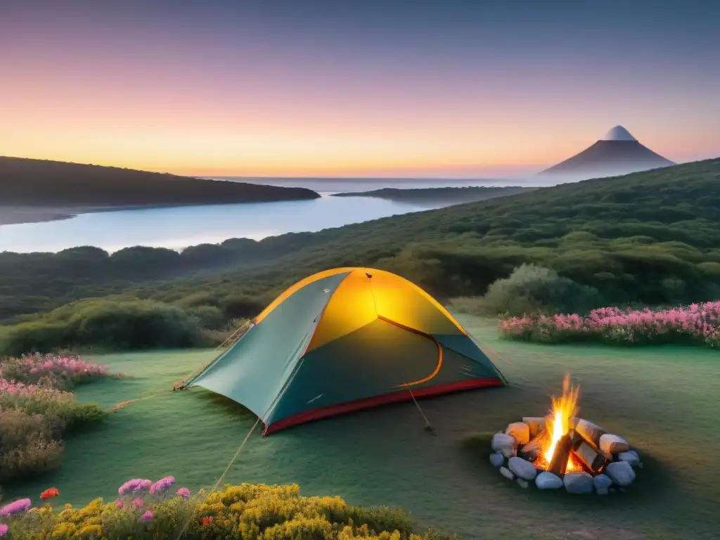 Amanecer mágico en campamento idílico en Uruguay Imagen detallada de un amanecer impresionante en un tranquilo y pintoresco lugar de acampada en Uruguay