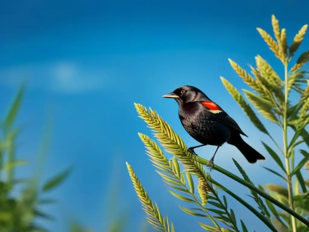 Bello contraste: Mirada intensa del Tordo Cabecirrojo en entorno natural Imagen detallada de un Tordo cabeza escarlata en un entorno de humedal, destacando su plumaje rojo y negro