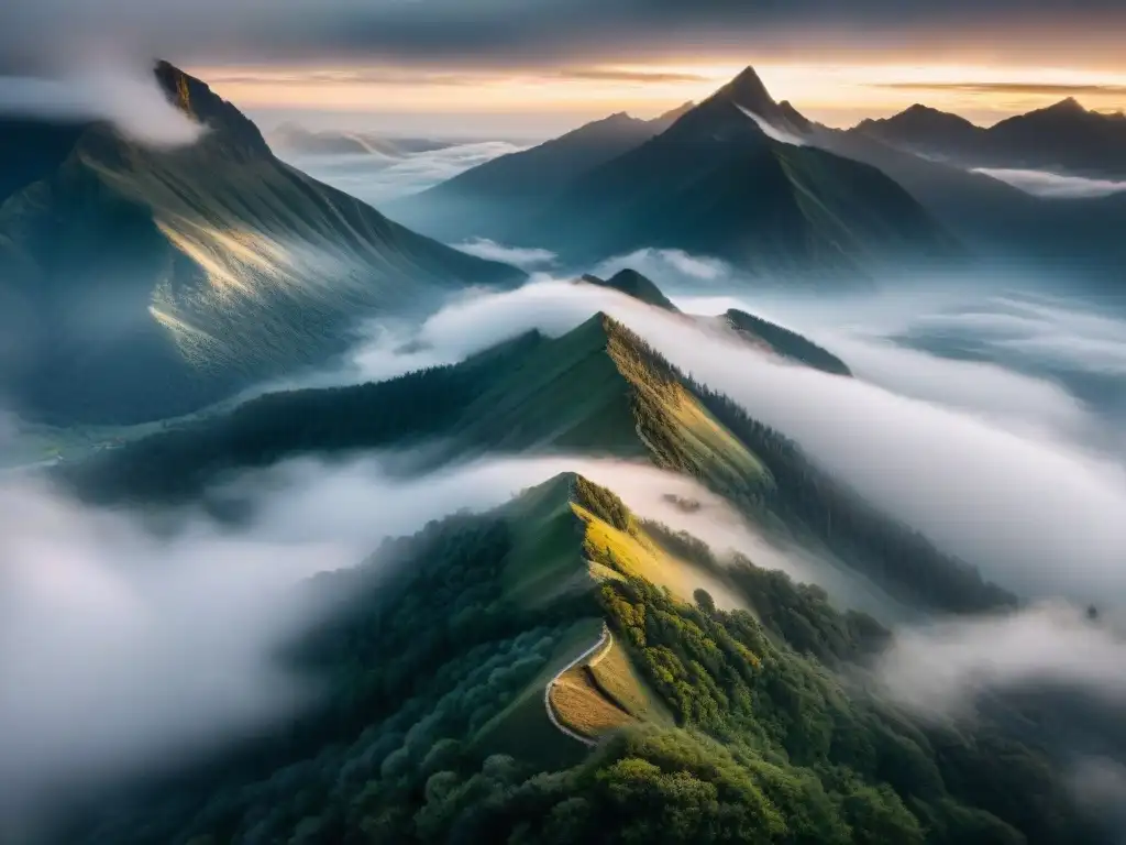 Explorando la cima: drone desafiando la niebla en montaña Explora la imagen de un drone navegando por montañas neblinosas