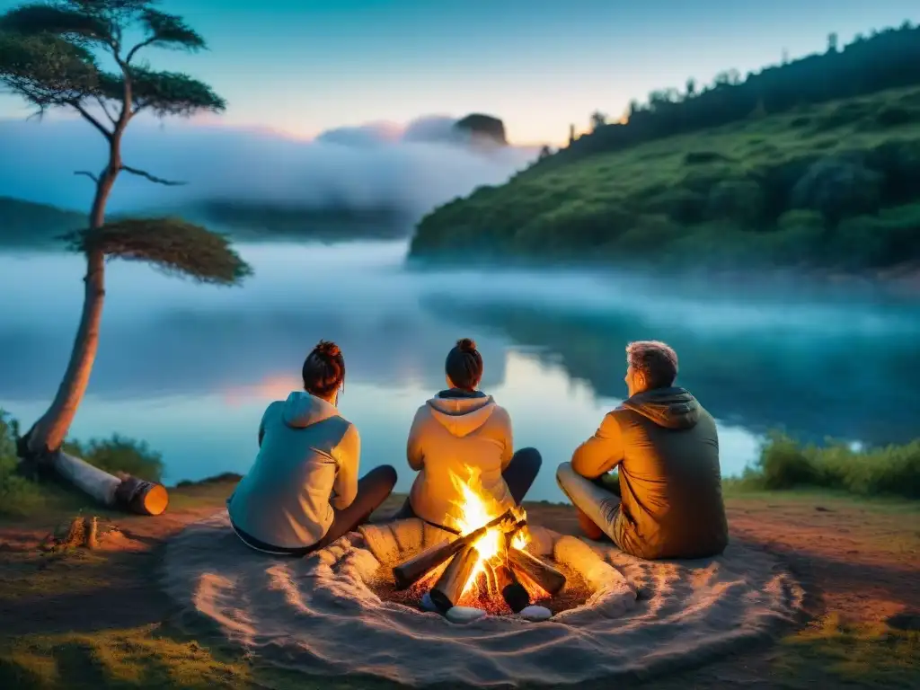 Magia familiar alrededor de la fogata en el bosque de Uruguay Imagen emocionante de una familia acampando alrededor de una fogata al anochecer en un bosque exuberante en Uruguay