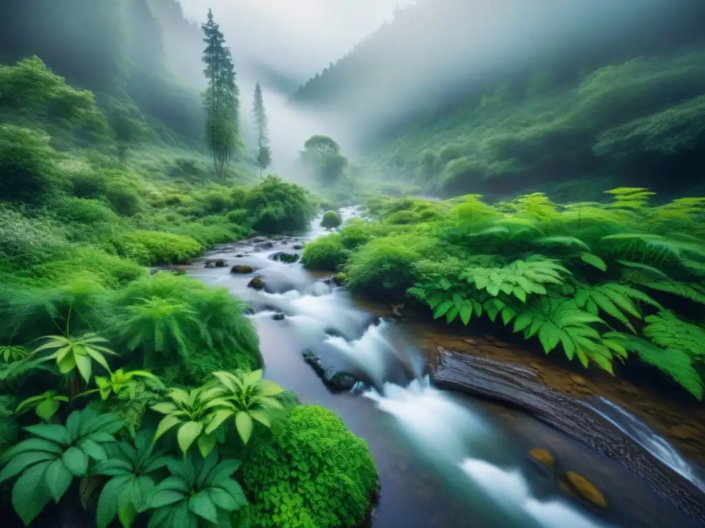 Imagen impactante de un bosque exuberante con un arroyo cristalino, resaltando la prevención de erosión del suelo
