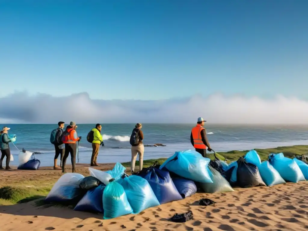 Limpieza de playa en Uruguay: comunidad unida contra la contaminación Una imagen inspiradora de limpieza en la playa en Uruguay, destacando el esfuerzo colectivo y el impacto positivo en el medio ambiente