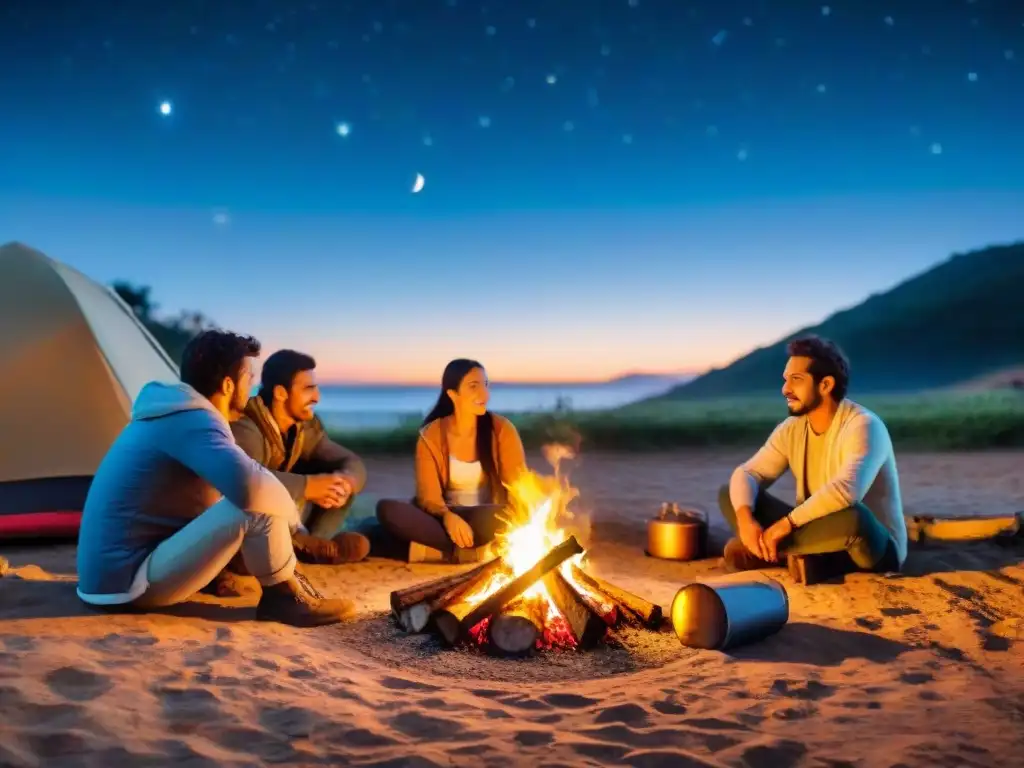 Noche de camping y mate: Familias uruguayas crean comunidad bajo las estrellas Impacto cultural del camping en Uruguay: Familias uruguayas comparten mate alrededor de fogata en camping nocturno
