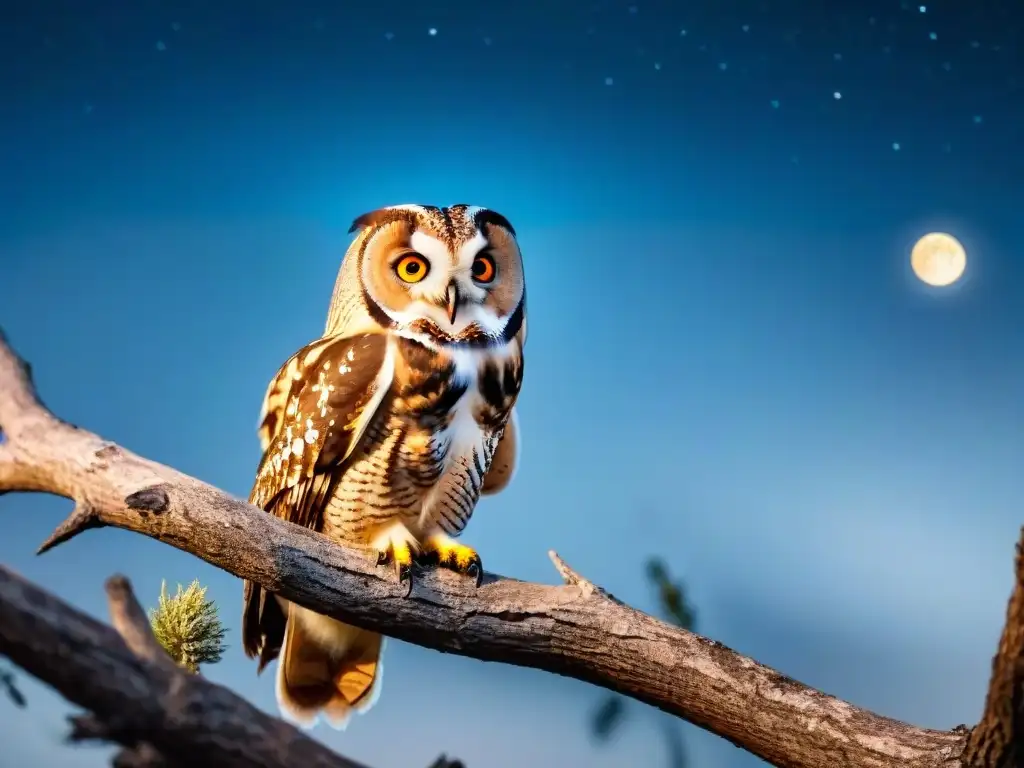 Majestuoso búho nocturno en Uruguay Imponente búho en rama bajo el cielo estrellado de Uruguay