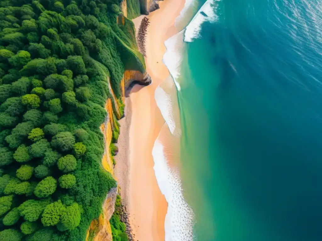 Costa uruguaya: acantilados, olas y soledad Un impresionante paisaje costero de Uruguay capturado por un dron, con acantilados, olas del Atlántico y un solitario en la playa