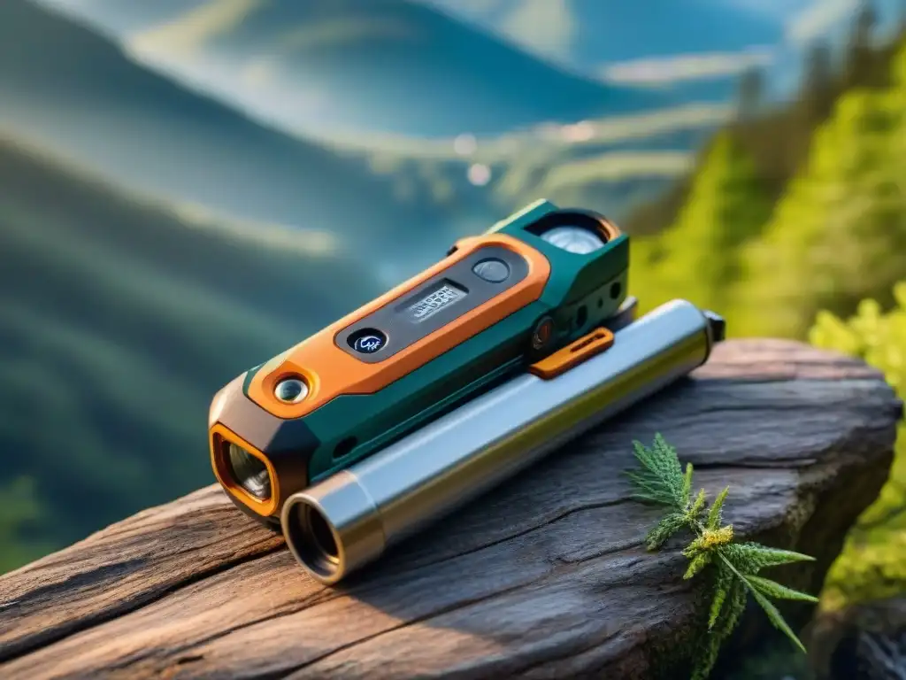 Multiherramienta de supervivencia en el bosque al atardecer Un impresionante set de gadgets de supervivencia para camping, detallado y resistente, en un bosque al atardecer