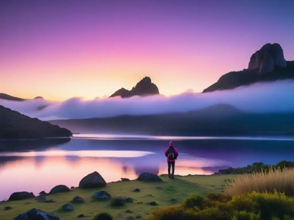 Amanecer mágico en Uruguay: campamento junto al lago Increíble amanecer en Uruguay, con un campamento tranquilo junto al lago