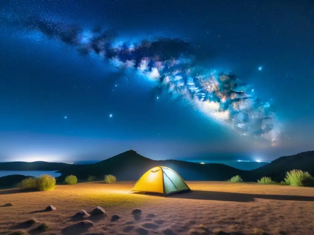 Espectacular cielo estrellado sobre Uruguay, camping bajo las estrellas Increíble vista del cielo nocturno sobre Uruguay con la Vía Láctea y un camping iluminado