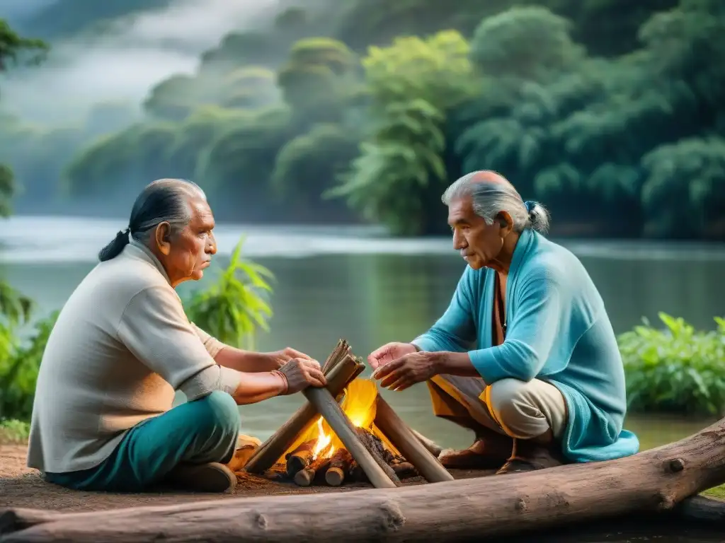 Artesanía ancestral: sabiduría indígena en la naturaleza Indígenas uruguayos practican técnicas ancestrales de camping junto al río, transmitiendo sabiduría ancestral