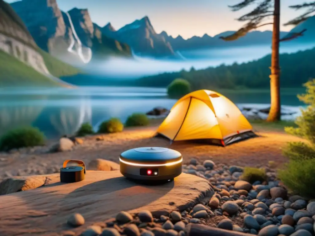 Sistema de alarma moderno en entorno natural nocturno Un innovador sistema de alarma para camping se funde en la serenidad nocturna, destacando la seguridad en espacios naturales