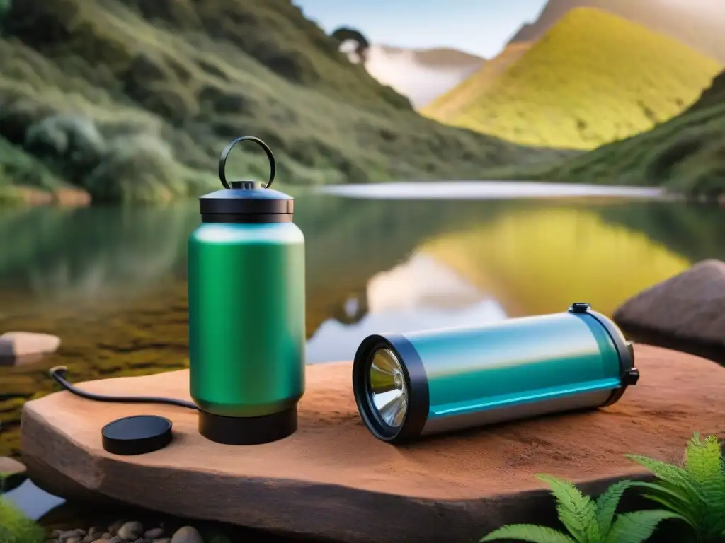 Avanzado purificador de agua en camping remoto en Uruguay Un innovador sistema de filtración de agua para camping en un entorno natural en Uruguay, fusionando tecnología y tranquilidad