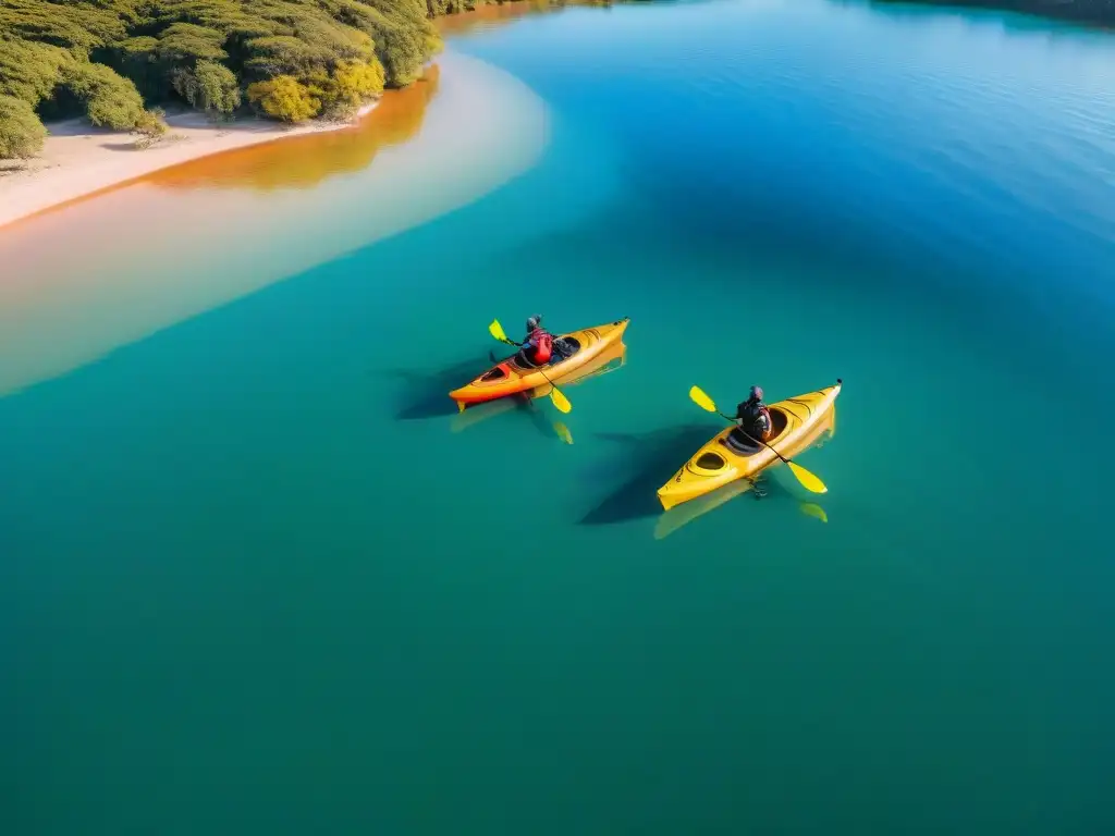 Kayak en Uruguay: Aventura y Tranquilidad en el Lago Inolvidable escena de campistas en kayaks coloridos, remando en aguas cristalinas al atardecer en Uruguay
