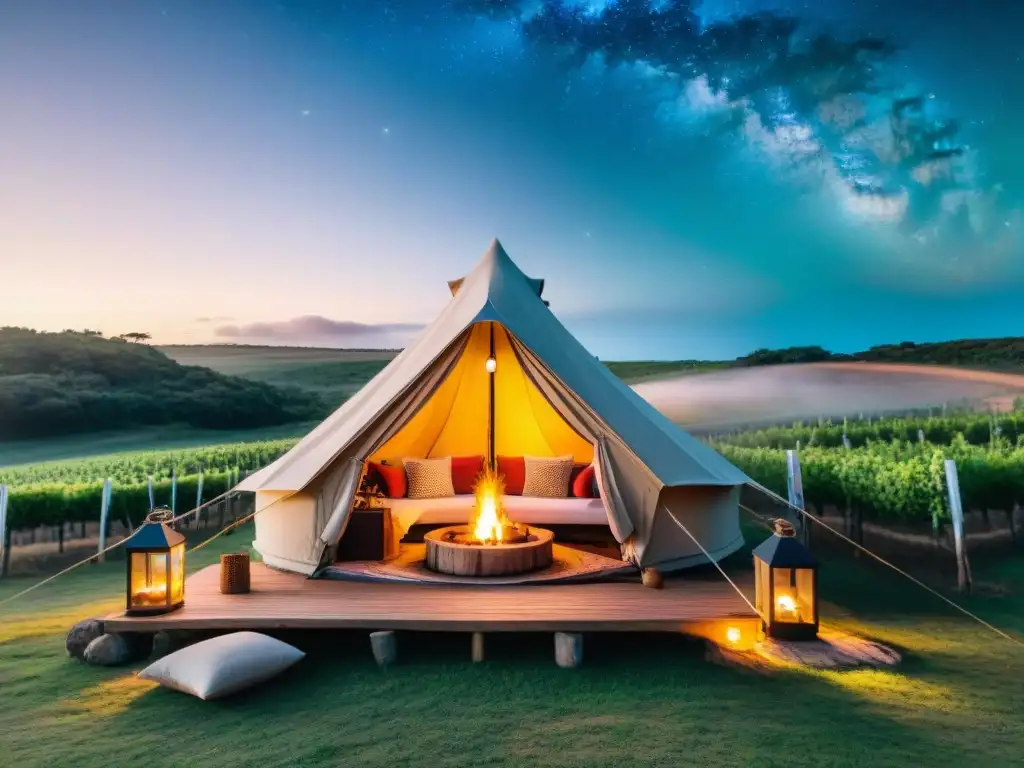 Glamping de lujo entre viñedos al atardecer en Uruguay Un inolvidable glamping en Uruguay: tienda lujosa entre viñedos al atardecer, fogata, pareja disfrutando vino bajo estrellas