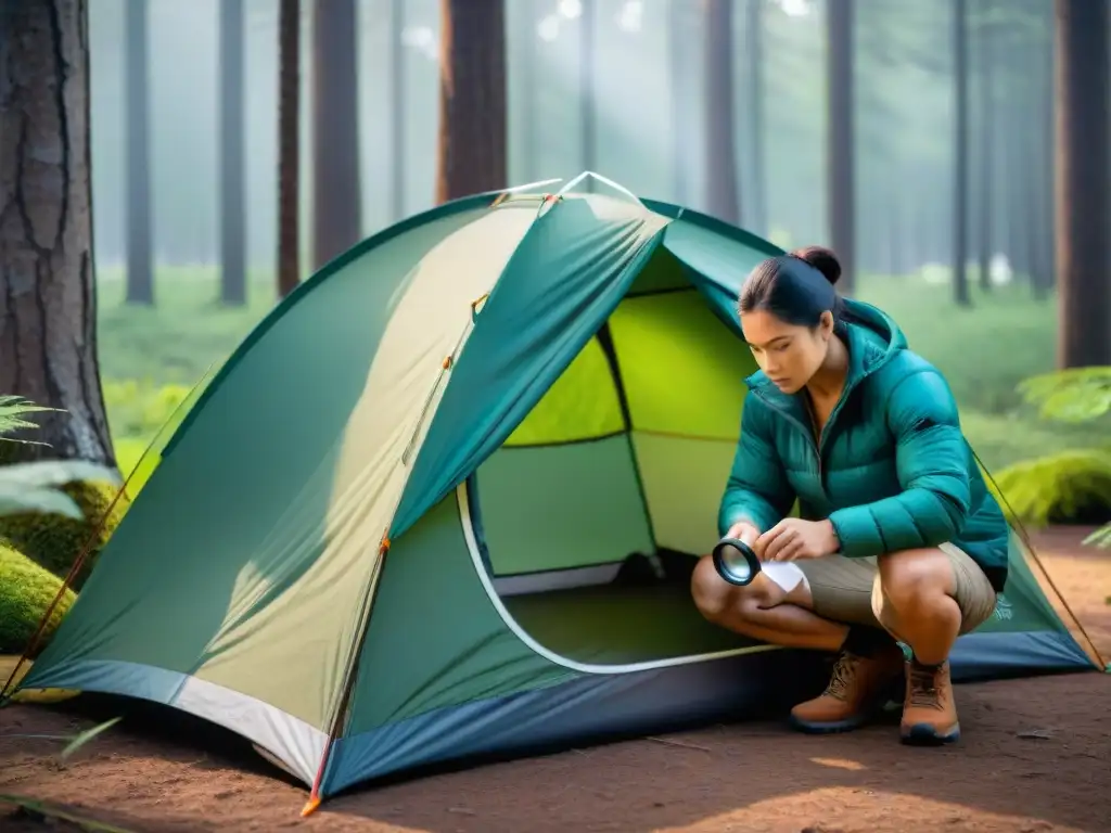 Inspección minuciosa de carpa en bosque Inspección minuciosa de tienda de campaña en bosque, buscando parásitos