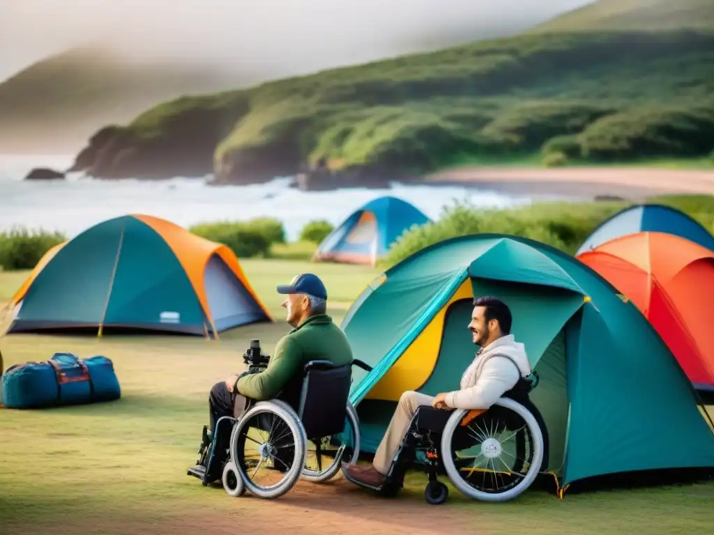 Camping inclusivo y accesible en Uruguay: diversión sin límites Inspirador camping accesible para discapacitados en Uruguay: campistas diversidad preparan campamento inclusivo en entorno natural pintoresco