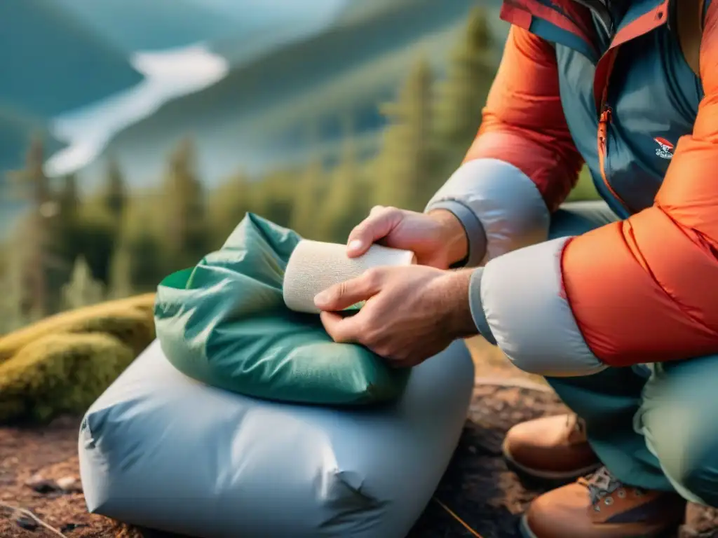 Aplicación de vendaje en el bosque: técnica detallada Instrucciones detalladas de primeros auxilios campista en Uruguay: aplicando una venda en un antebrazo en un entorno de campamento realista