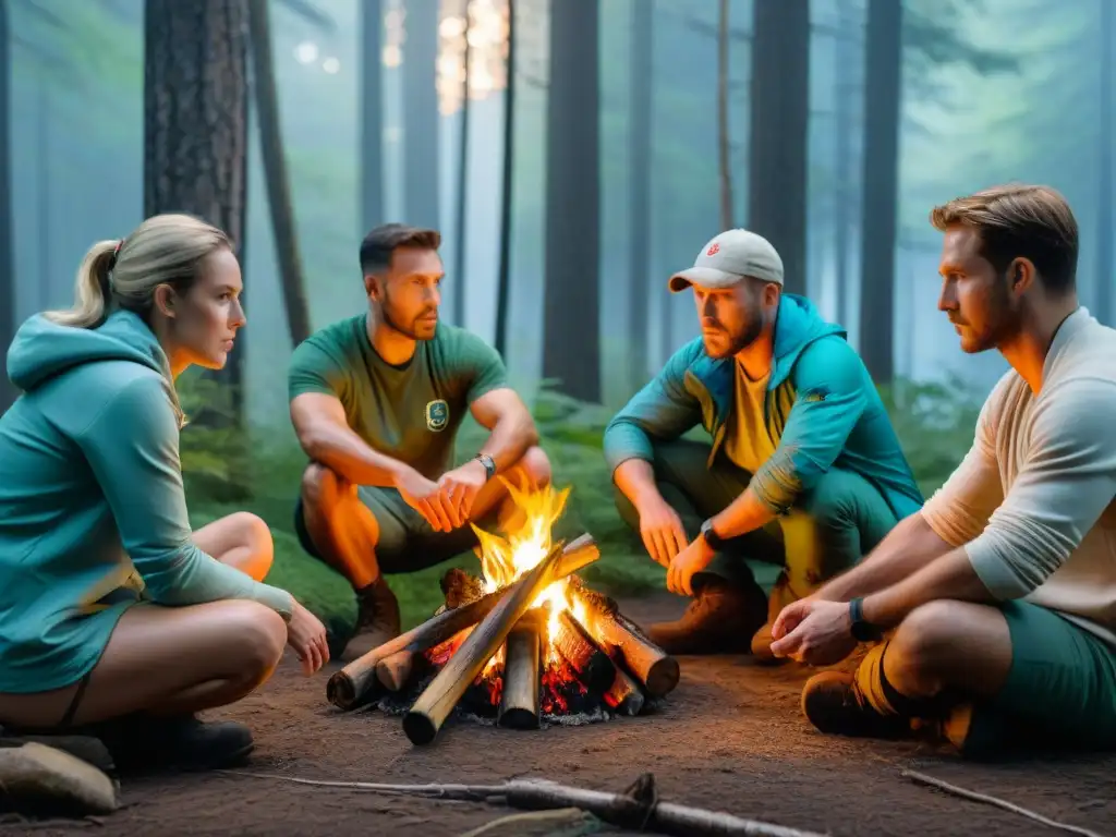 Clase de primeros auxilios en el bosque al anochecer Un instructor de primeros auxilios en camping demuestra cómo inmovilizar una fractura de pierna en un bosque al anochecer