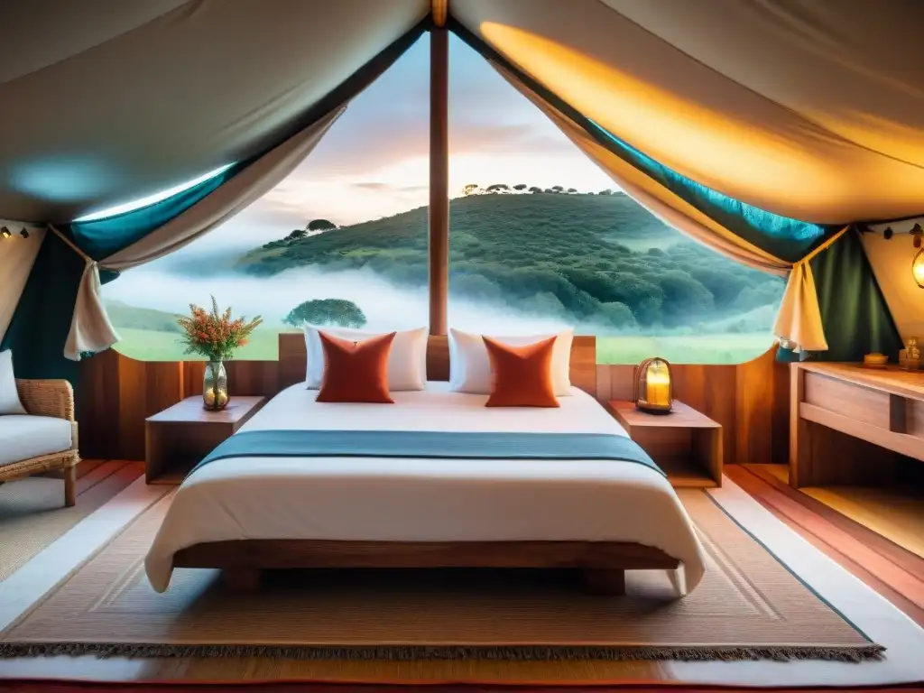 Glamping de lujo en Uruguay: cama king size, decoración elegante y vistas naturales Interior lujoso de una carpa glamping en Uruguay con cama king size, decoración elegante y ventana panorámica