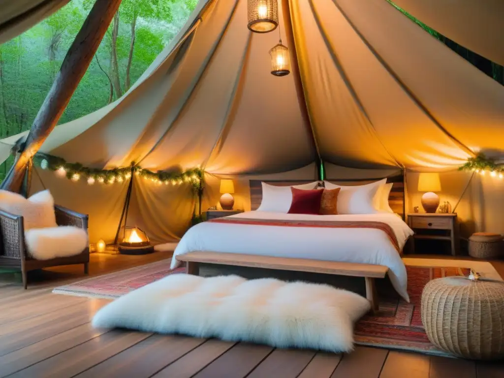 Refugio de lujo en la naturaleza: tienda glamping acogedora Interior lujoso de tienda glamping con accesorios decoración campamento glamping en medio de la naturaleza