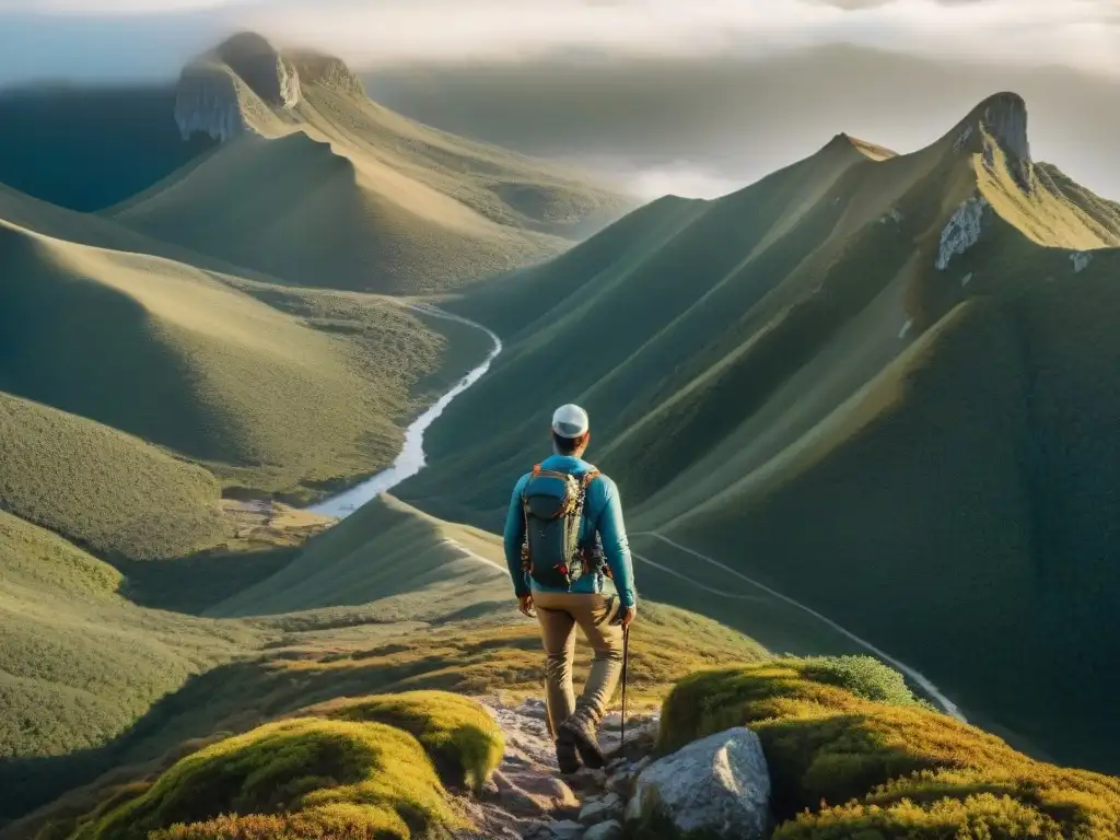 Exploración extrema en Uruguay: hiker con GPS en terreno desafiante Un intrépido excursionista utiliza con determinación un dispositivo de GPS de alta tecnología para navegar por terrenos difíciles en Uruguay