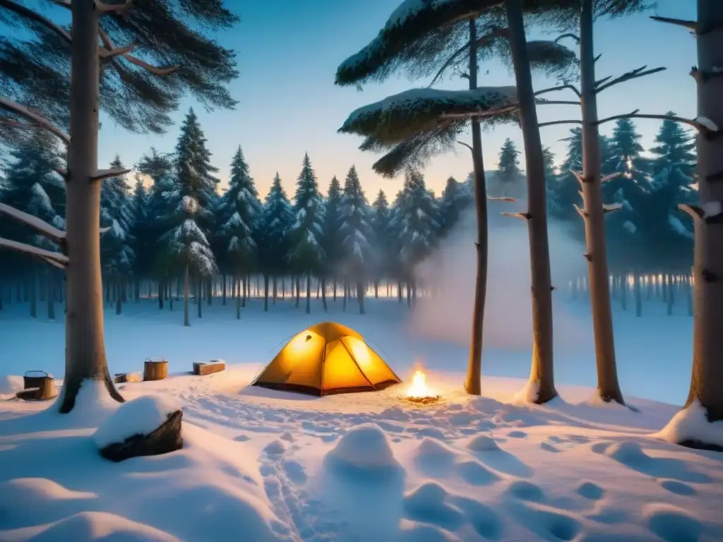 Campamento invernal en Uruguay: tienda acogedora entre árboles nevados Acampando en invierno en Uruguay: un paisaje sereno de un campamento cubierto de nieve con una tienda acogedora entre árboles helados