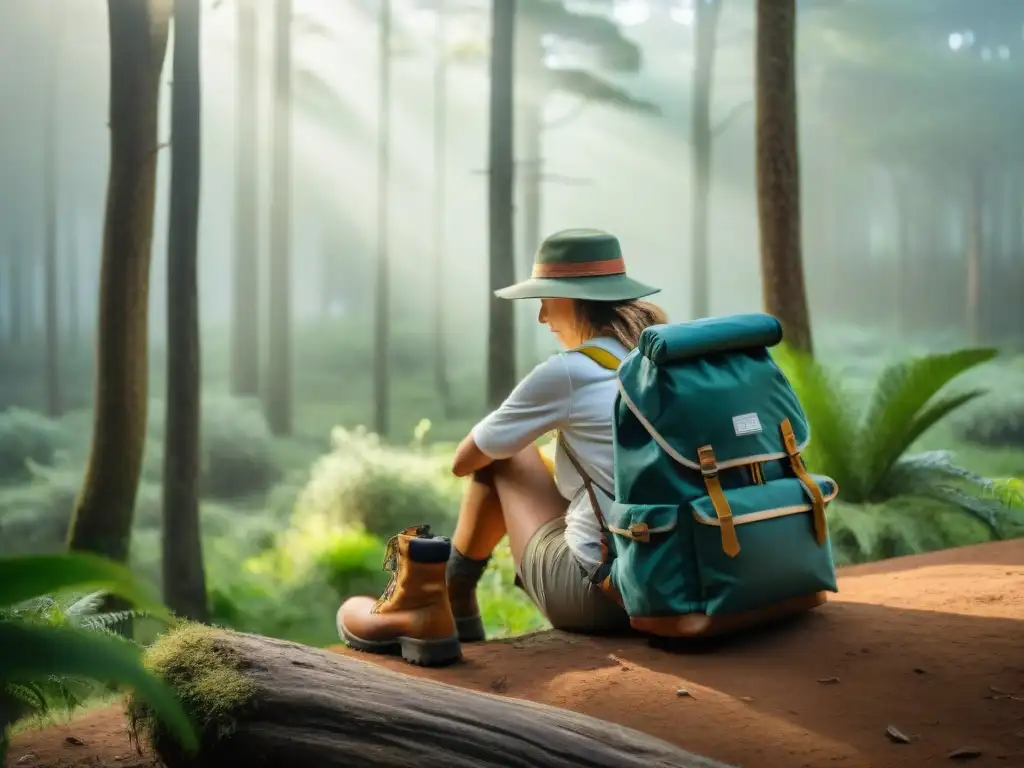 Preparación aventurera en el bosque de Uruguay Una joven mochilera se prepara en un bosque de Uruguay