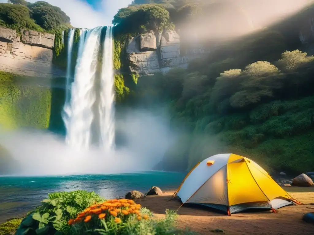 Camping junto a majestuosa cascada en Uruguay Acampar en las joyas naturales de Uruguay: un campamento sereno al pie de una majestuosa cascada