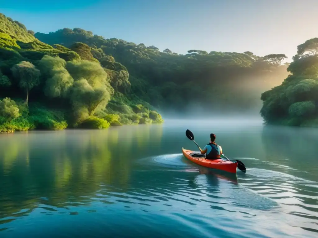 Kayak en Uruguay: Serenidad en Río con Luz y Sombra Un kayak en aguas uruguayas, rodeado de naturaleza exuberante y tranquilidad