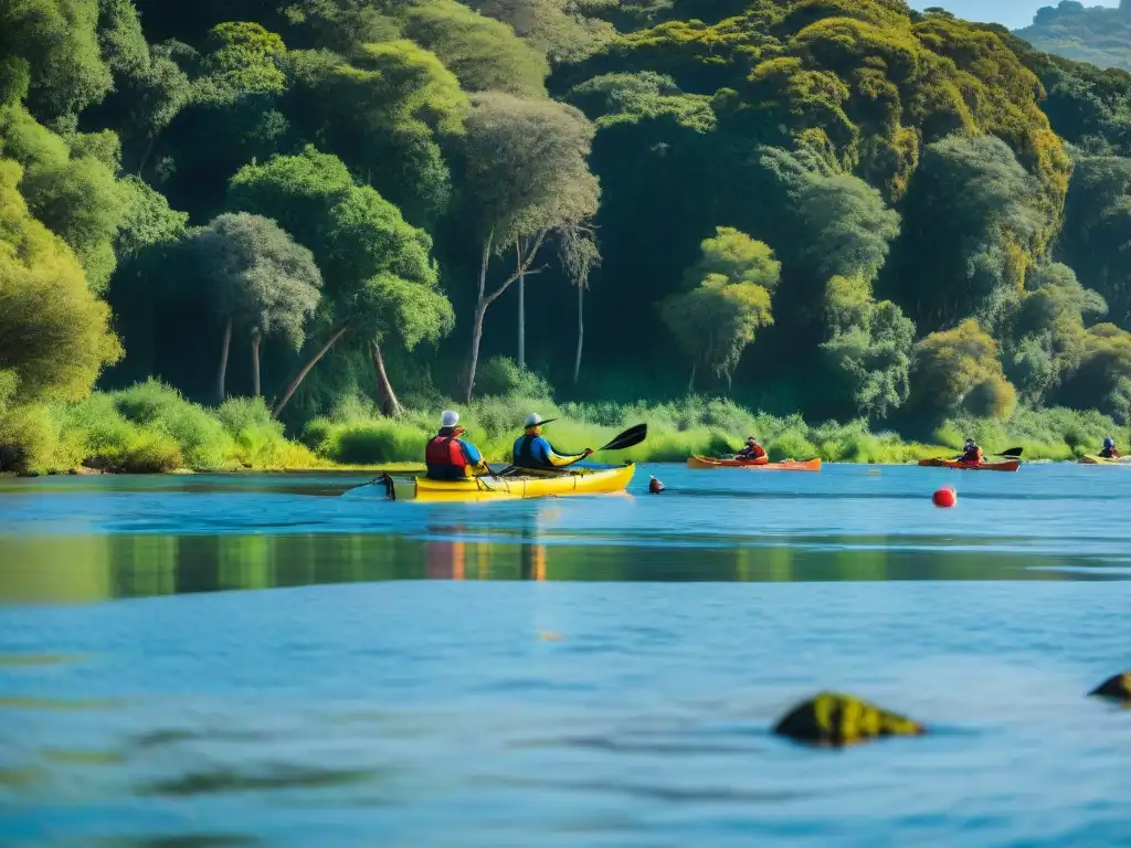 Kayakers expertos surcando río en Uruguay Explorando en kayak en aguas uruguayas rodeados de naturaleza exuberante y aves coloridas