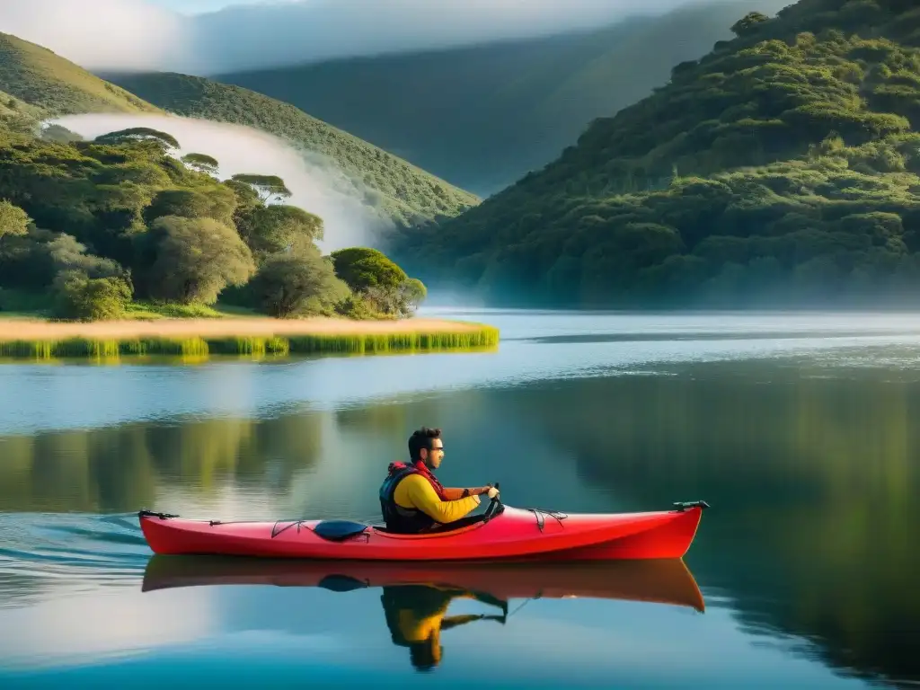 Kayak rojo en río uruguayo: serenidad y aventura Un kayak perfecto para aguas uruguayas, deslizándose en un río sereno, rodeado de naturaleza exuberante y bañado por la luz dorada del sol