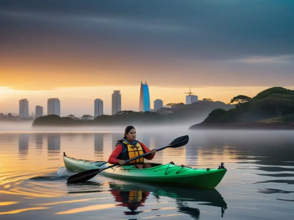 Kayak de aventura en el Río de la Plata al atardecer Un kayak perfecto para aguas uruguayas surca el Río de la Plata al atardecer, con Montevideo de fondo