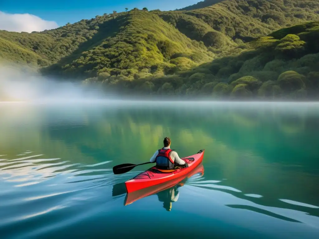 Kayak rojo surcando aguas serenas al atardecer en Laguna Garzón Un kayak rojo atraviesa suavemente las aguas de Laguna Garzón al atardecer, ideal para aguas uruguayas