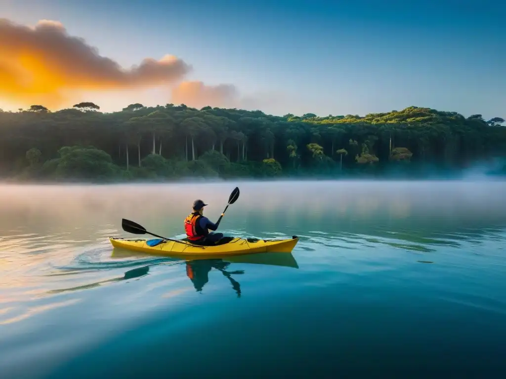 Kayaker al atardecer en Laguna Garzón, Uruguay Un kayakista surca las aguas cristalinas de Laguna Garzón al atardecer en Uruguay