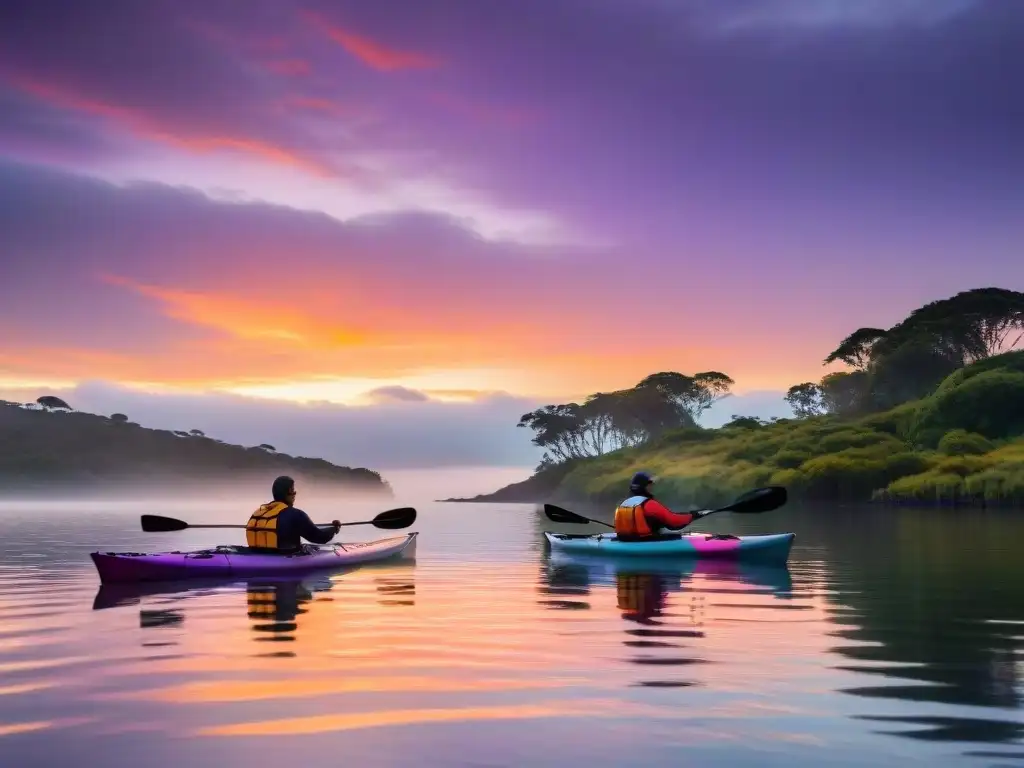 Kayak al atardecer en Laguna Garzón, Uruguay Kayakistas recorriendo Laguna Garzón al atardecer en Uruguay