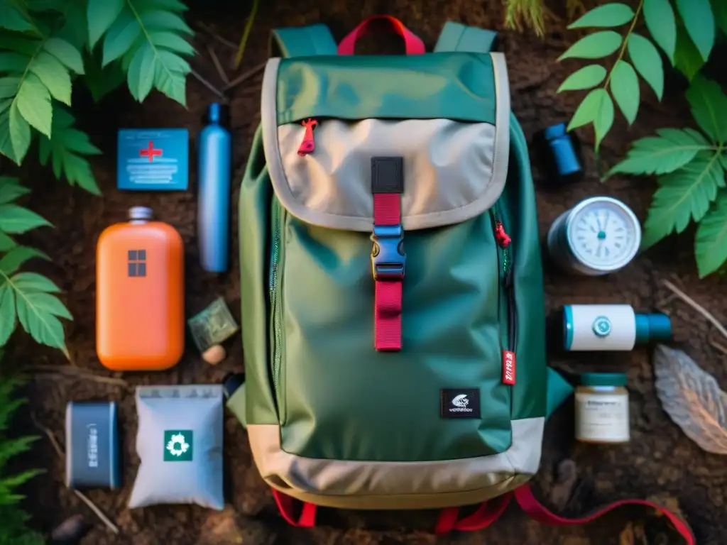 Kit de supervivencia en la naturaleza: mochila bushcraft detallada Kit básico bushcraft mochila camping en un bosque con elementos esenciales y naturaleza exuberante