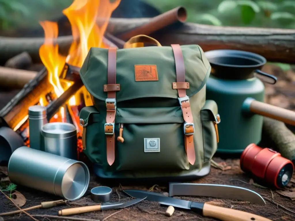 Kit de supervivencia en la naturaleza: esenciales para bushcraft Kit básico bushcraft en mochila abierta en el bosque, con cuchillo, brújula, botiquín y estufa de camping, iluminados por fogata