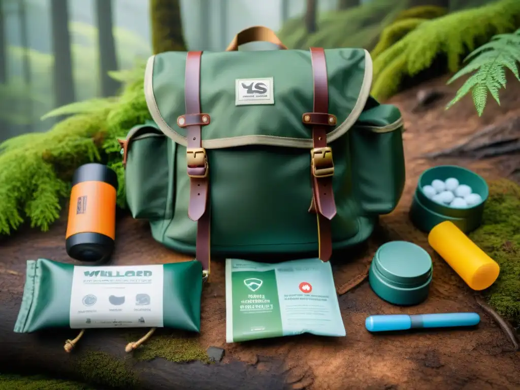 Equipo de bushcraft preparado para la aventura en el bosque Un kit básico bushcraft en una mochila de camping organizada en el suelo del bosque, listo para la aventura al aire libre