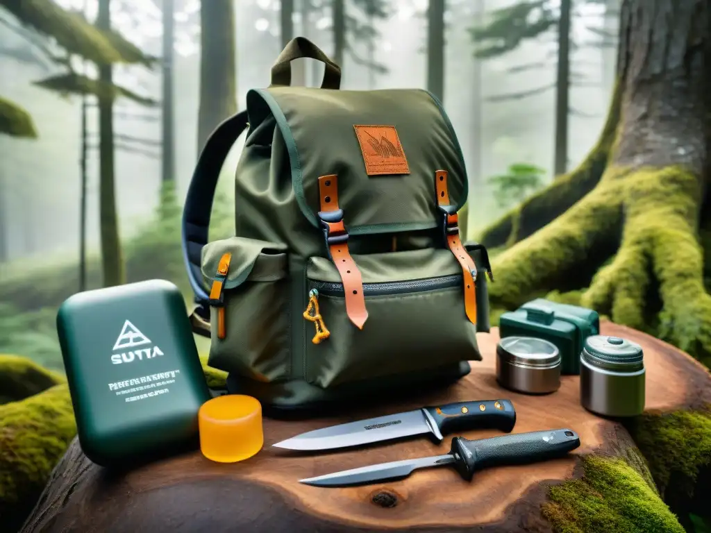 Kit de supervivencia en mochila: herramientas esenciales para bushcraft Kit básico bushcraft en mochila de camping con herramientas esenciales organizadas en entorno boscoso sereno