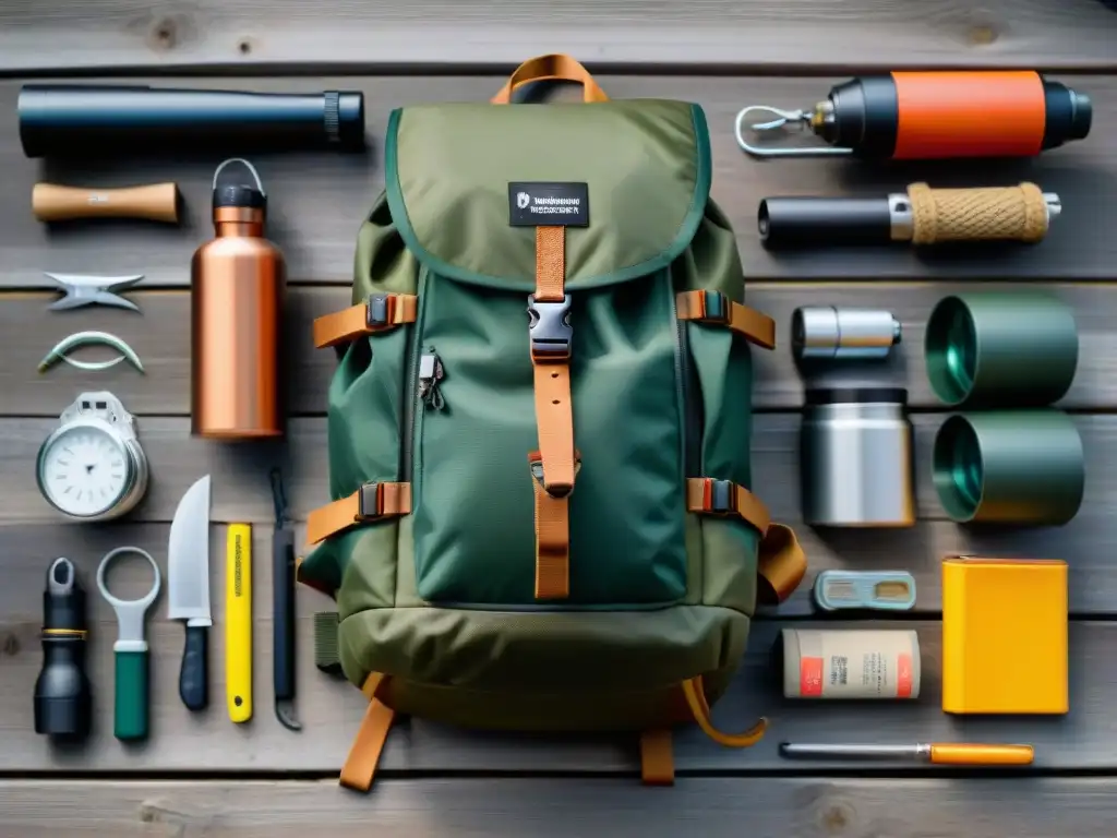 Equipo de supervivencia bushcraft: preparado para la aventura Un kit básico bushcraft en una mochila de camping organizada sobre madera para la aventura al aire libre